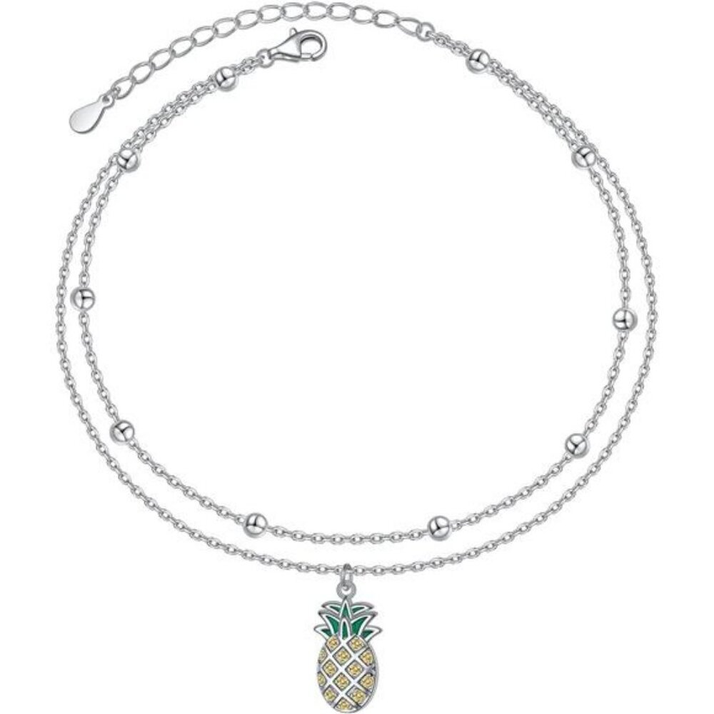 Sterling Silver Heart Charm Anklet Adjustable Beaded Ankle Bracelet Jewelry